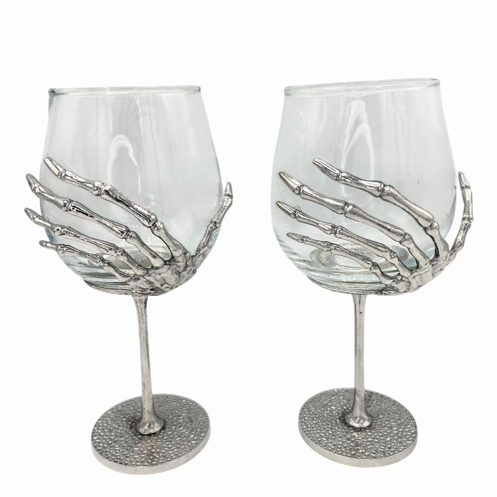 NWT SET OF 2 SKELETON HAND DIMPLED SILVER METAL HALLOWEEN GOTHIC WINE GLASSES